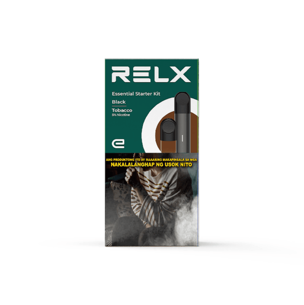 RELX Vape pen Essential starter kit, black device, pod tobacco
